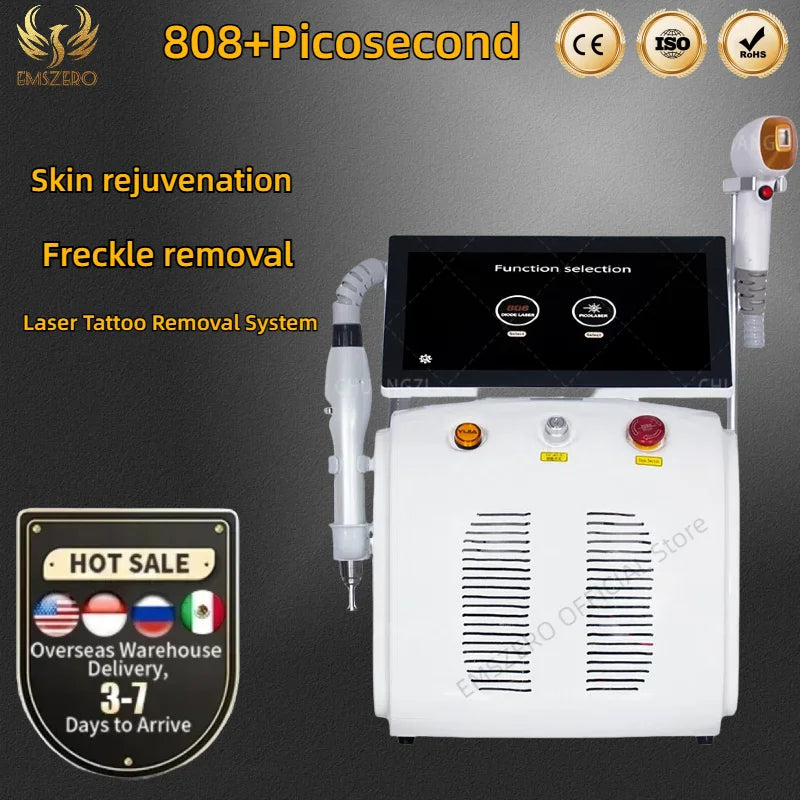 2 em 1 diodo profissional de gelo titânio laser máquina de remoção de pelos corporais máquina de remoção de tatuagem 808 + picossegundo