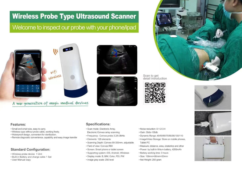 Probe Ultrasound Nirkabel WIFI Probe CProbe-5C Warna Doppler128E Cembung Mendukung ISO Android Portabel Wifi-Scanner 3.2Mhz / 5Mhz