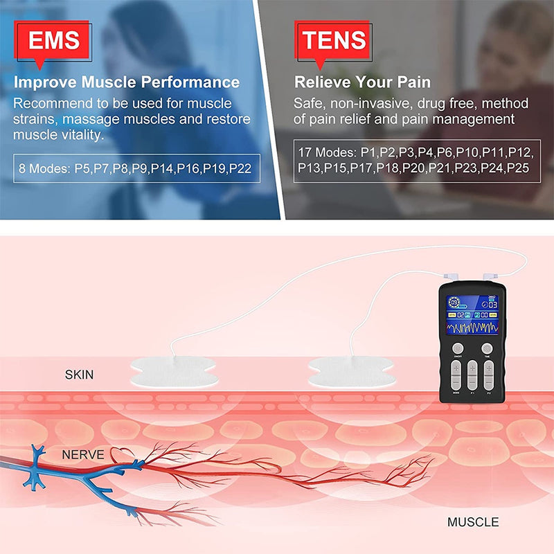 Tens 단위 25 모드 50 강도 전기 자극 마사지 근육 EMS 치료 신체 통증 완화 도구 건강 관리 기계