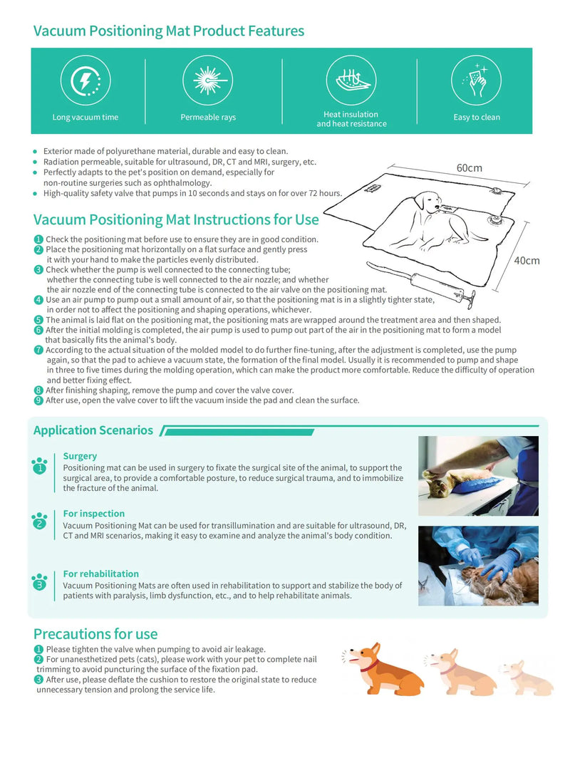 60cm*40cm Dierenchirurgie-accessoires Huisdier vacuüm positioneringsmat Verzorgingskamer Gebruik Kleine veterinaire onderzoekshuisdier Vaste pad