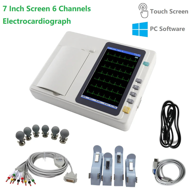 ECG601 7 Inch Touch Screen 12-Lead 6-Channel ECG EKG Machine Electrocardiograph with PC Analysis Software