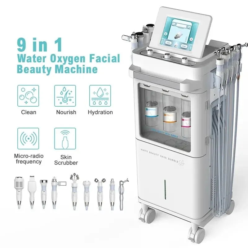 Venda quente 9 em 1 máquina facial de dermoabrasão hydra diamante hidro facial água oxigênio bolha máquina beleza spa