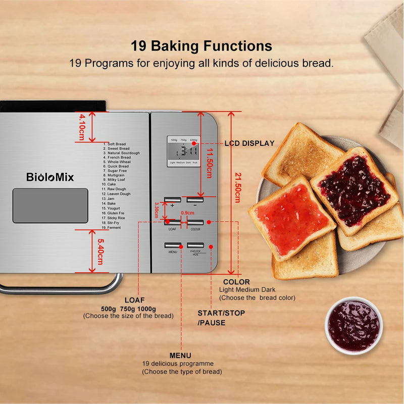 Biolomix Paslanmaz Çelik 1KG 19'u 1 Arada Otomatik Ekmek Makinesi 650W Programlanabilir Ekmek Makinesi 3 Somun Boyutu Meyve Kuruyemiş Dağıtıcısı