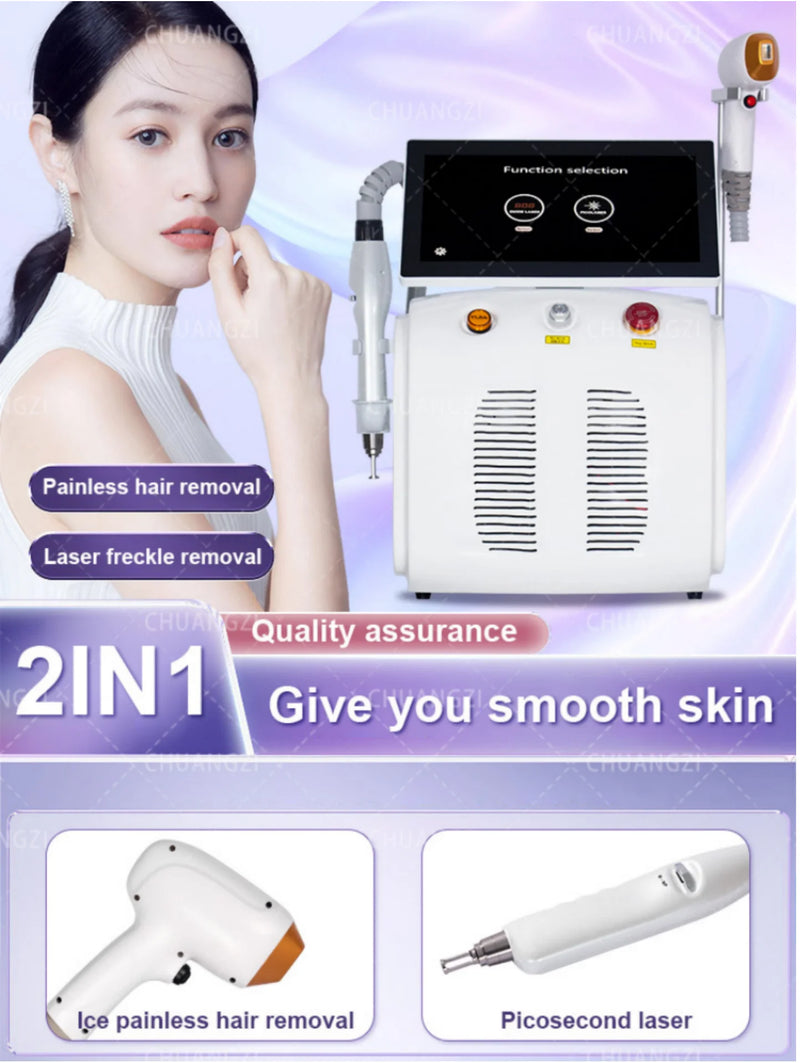 Laser Diod 2 dalam 1 Pembuangan Tatu Laser Picosaat Dan Pembuangan Bulu Mesin Bersuis pico epilator laser kedua untuk wanita