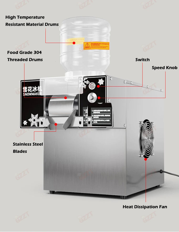 60KG/24H Air-cooled Korean Snowflake Ice Machine Small Snow Continuous Cooled Bingsu Shaver Smoothie Crusher 110V 220V