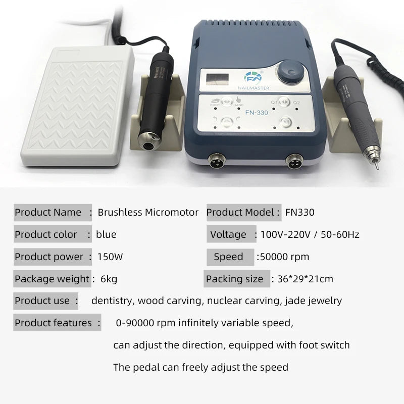 Equipamento de micromotor de alta rotação 90000 rpm Nail Master Máquina de polimento de joias Duas peças de mão para polir madeira e pedra 150 W FN330