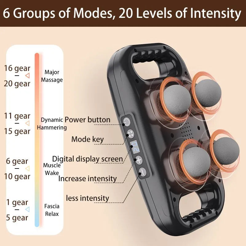 Four-Head Fascia Gun,6 Modes 20 Levels of Intensity for Whole Body Vibration,Deep High Frequency Muscle Relaxation