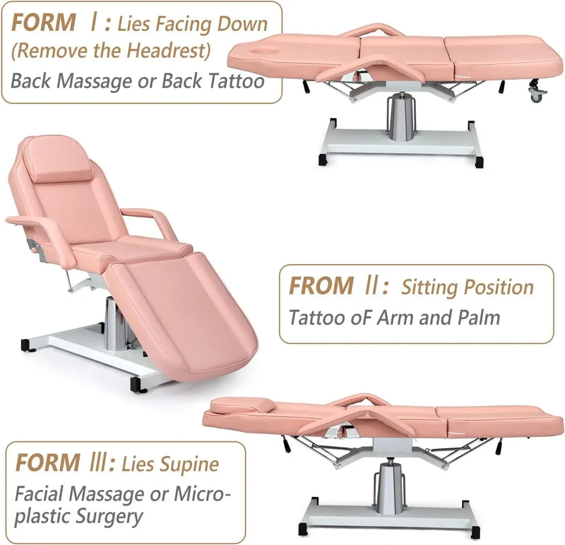 Mesa de massagem facial hidráulica, cadeira de tatuagem multiuso de 3 seções, cama de esteticista, salão de beleza ajustável, spa e