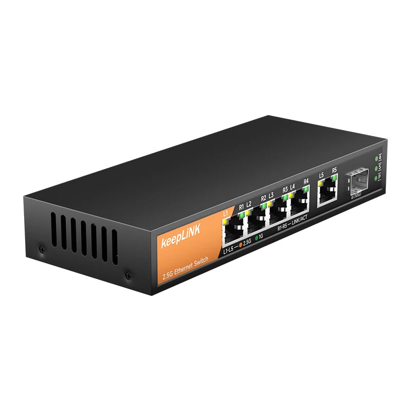 Switch KeepLink 2,5 Gb com 5 portas Ethernet 1 porta 10G SFP+ Plug and Play não gerenciado