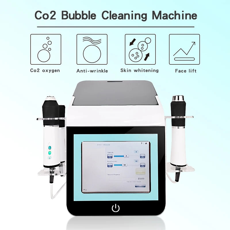 A legújabb 3 az 1-ben CO2 oxigénbuborék UV-vel Sterilizálja a fogantyút RF ultrahangos bőrápoló arcradír öregedésgátló szépséggép