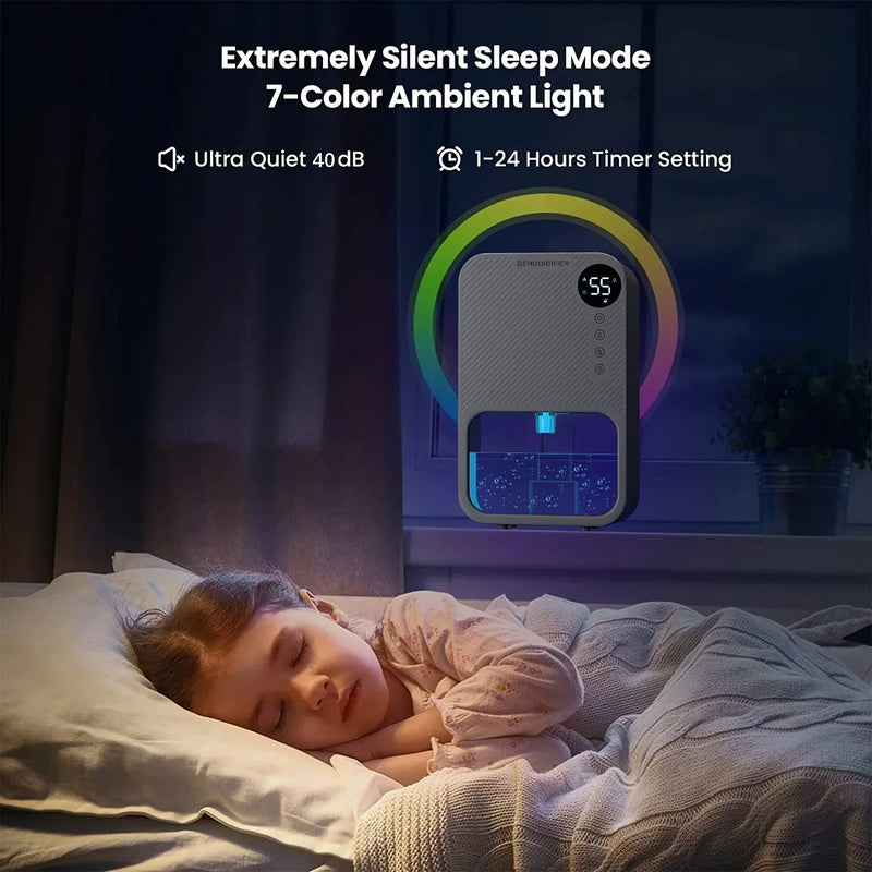 Deumidificatore portatile da 1100 ml di grande capacità Assorbitori di umidità cronometranti Luce colorata Silenzioso essiccatore d'aria per la camera da letto di casa Bagno