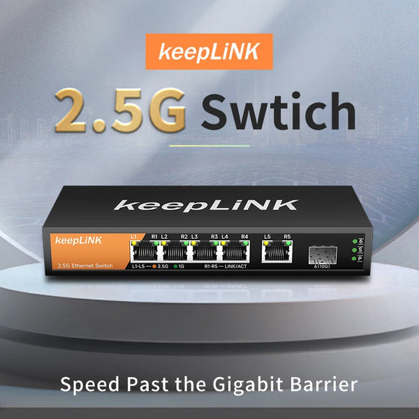 KeepLink 2.5Gb Switch dengan 5 Port Ethernet 1 Port 10G SFP+ Plug and Play Tidak Terkelola