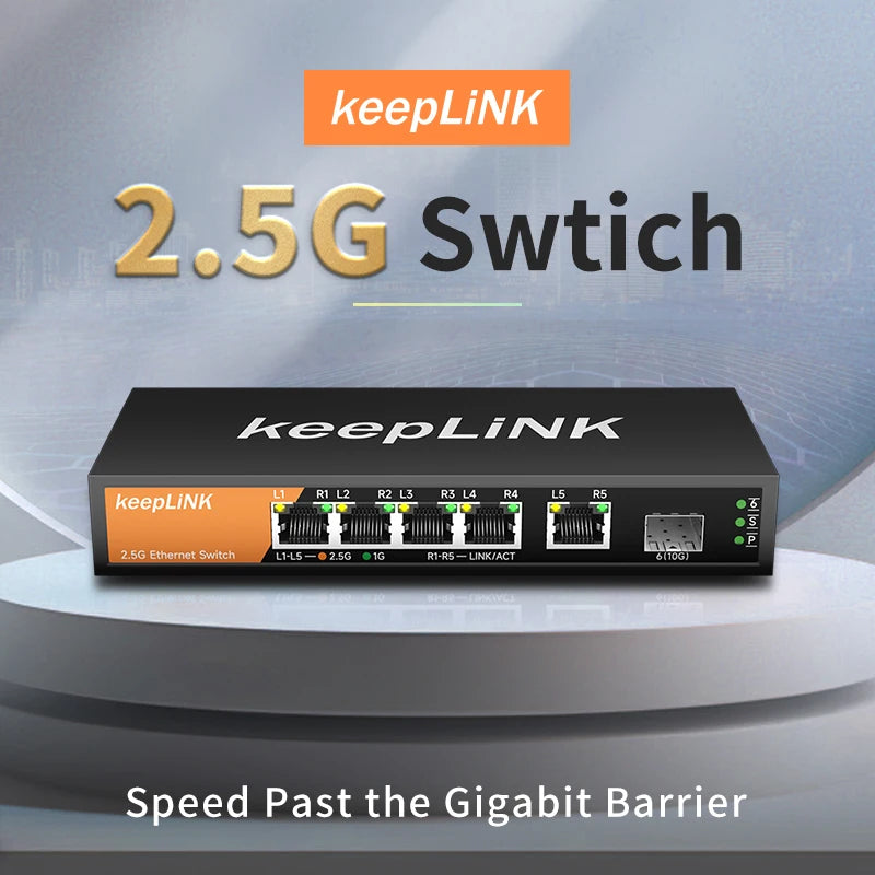 Switch KeepLink 2,5 Gb com 5 portas Ethernet 1 porta 10G SFP+ Plug and Play não gerenciado