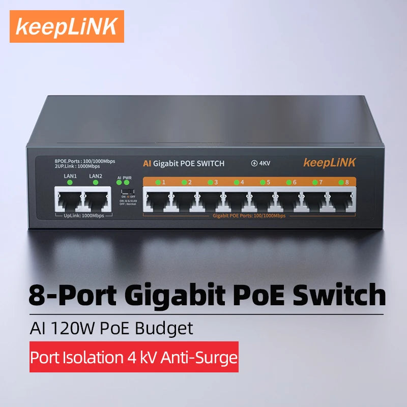 KeepLink POE Swiċċ 1000 Mbps 8 Portijiet Netwerk Standard POE Ethernet Swiċċ 52V Enerġija Mibnija għal CCTV IP Kamera/Wifi Router