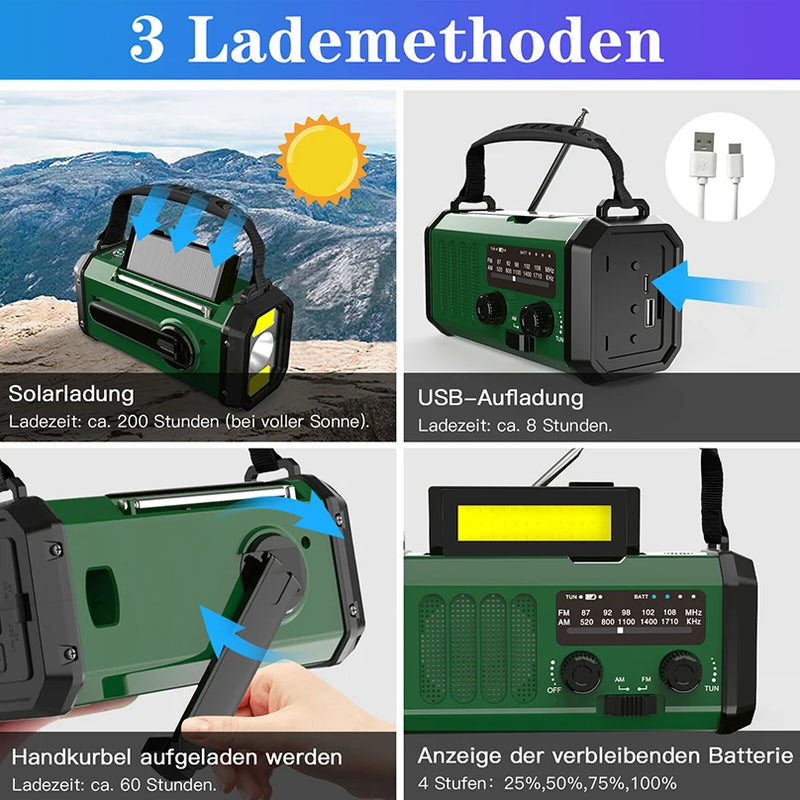 Solar 10000mAh Draagbare Radio Am/Fm Led Zaklamp Handslinger Mobiele Telefoon Oplader Noodradio's voor Binnen Buiten Nachtlampje