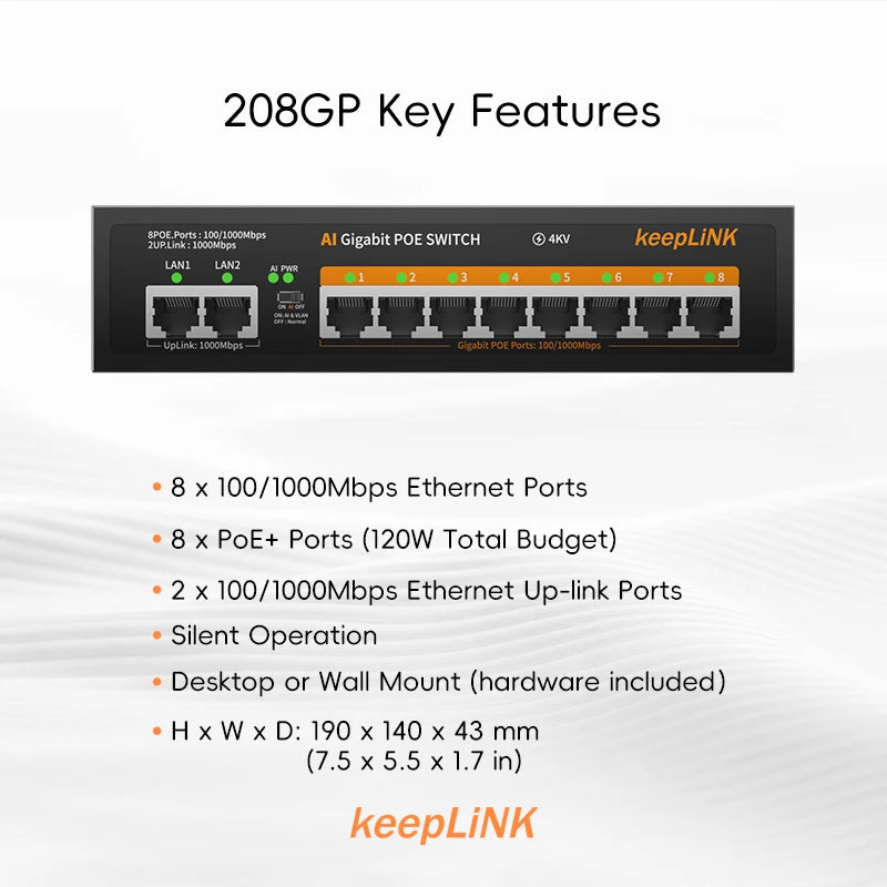 Keeplink poe switch 1000 mbps 8 portas padrão de rede poe ethernet switch 52v alimentação embutida para câmera ip cctv/roteador wi-fi