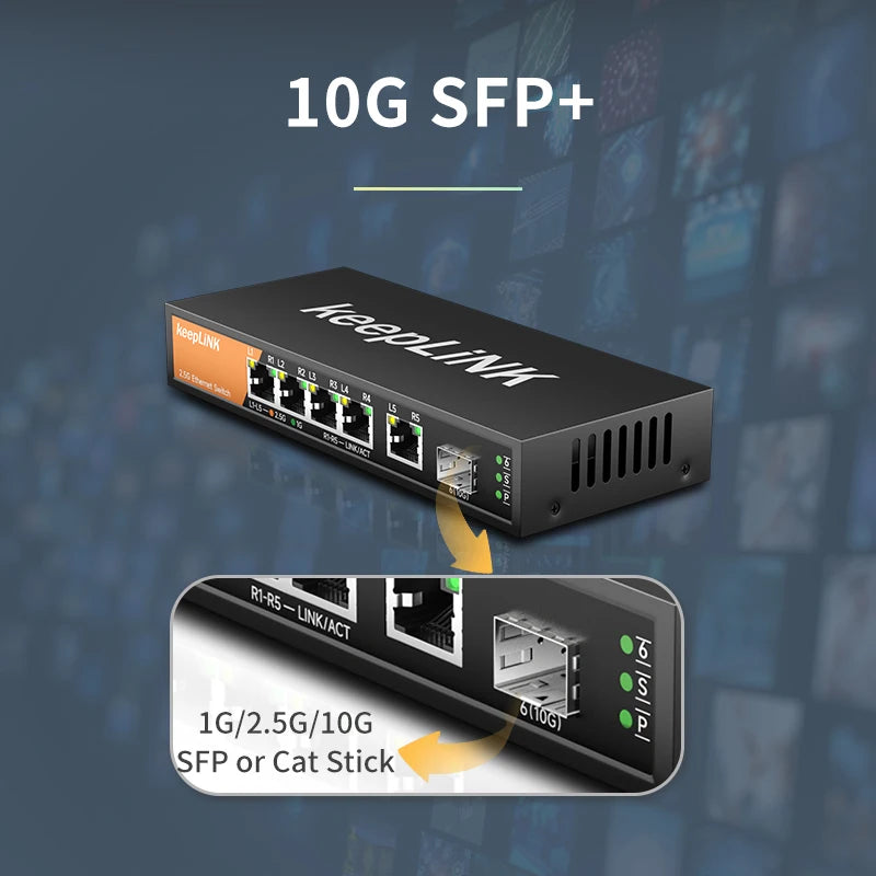 محول KeepLink بسرعة 2.5 جيجا بايت مع 5 منافذ إيثرنت ومنفذ واحد و10 جيجا SFP+ التوصيل والتشغيل غير المُدار