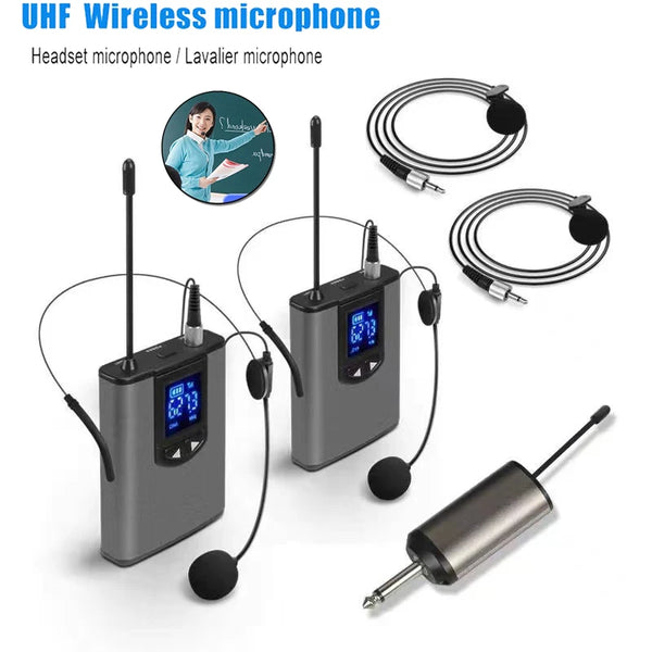 UHF 휴대용 무선 헤드셋/바디팩 송신기 및 수신기가 포함된 라발리에 옷깃 마이크 1/4인치 출력, 라이브 공연자