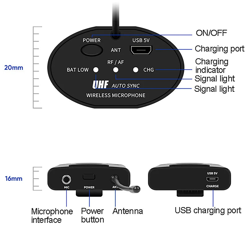 Fone de ouvido sem fio portátil UHF/microfone de lapela de lapela com transmissor e receptor Bodypack saída de 1/4 polegadas, artista ao vivo