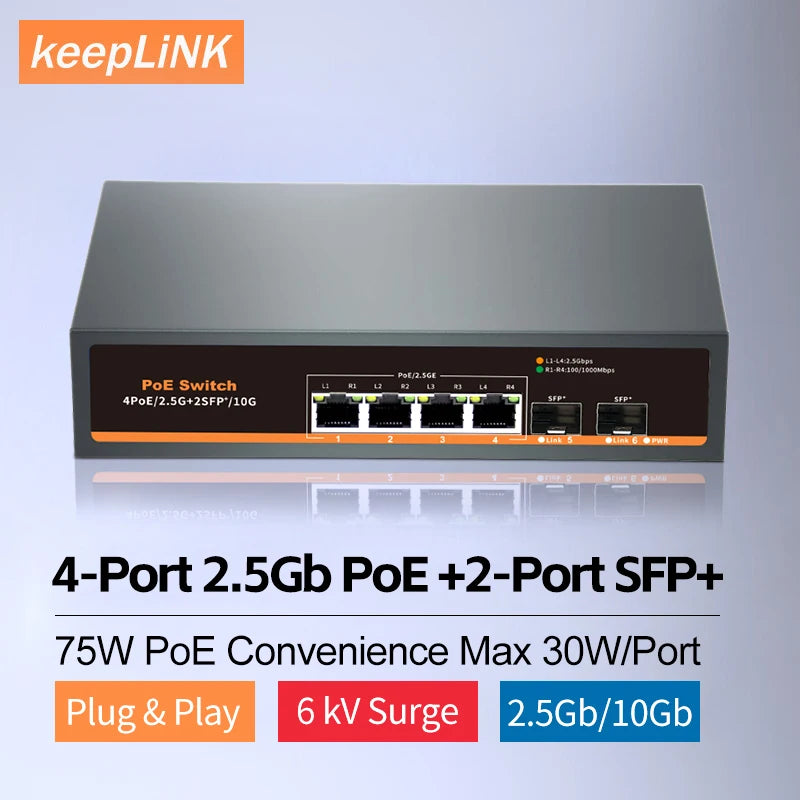 4-портовый мультигигабитный коммутатор 2,5G Ethernet PoE+ с 2 портами SFP+