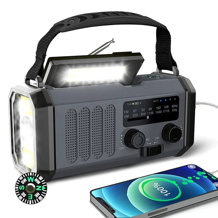 Solar 10000mah Radio Mudah Alih Am/Fm Led Lampu Suluh Engkol Tangan Pengecas Telefon Bimbit Radio Kecemasan untuk Lampu Malam Luaran Dalaman