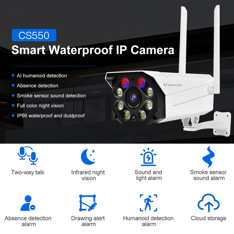 Vstarcam CS550 cámara bala WIFI 3MP impermeable al aire libre a prueba de vandalismo AI humanoide ausencia detección Wifi cámara de seguridad inteligente para el hogar