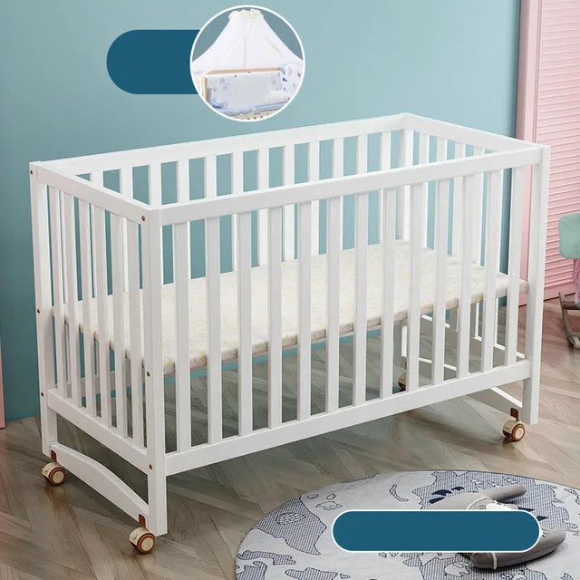 سرير أطفال متعدد الوظائف باللون الأبيض، سرير أطفال من الخشب الصلب لحديثي الولادة BB، يمكن ربط سرير كبير