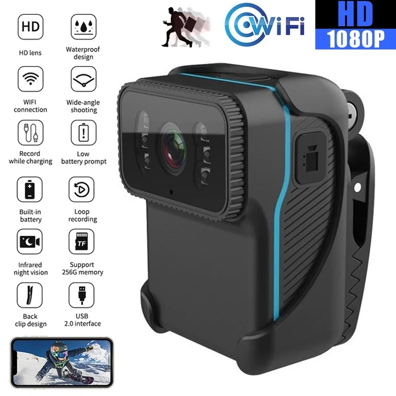 Caméra d'action HD 1080P, caméscope de sport Portable, Wifi, Dv, enregistrement en boucle, prise en charge de la carte Tf, Vision nocturne, avec Clip arrière