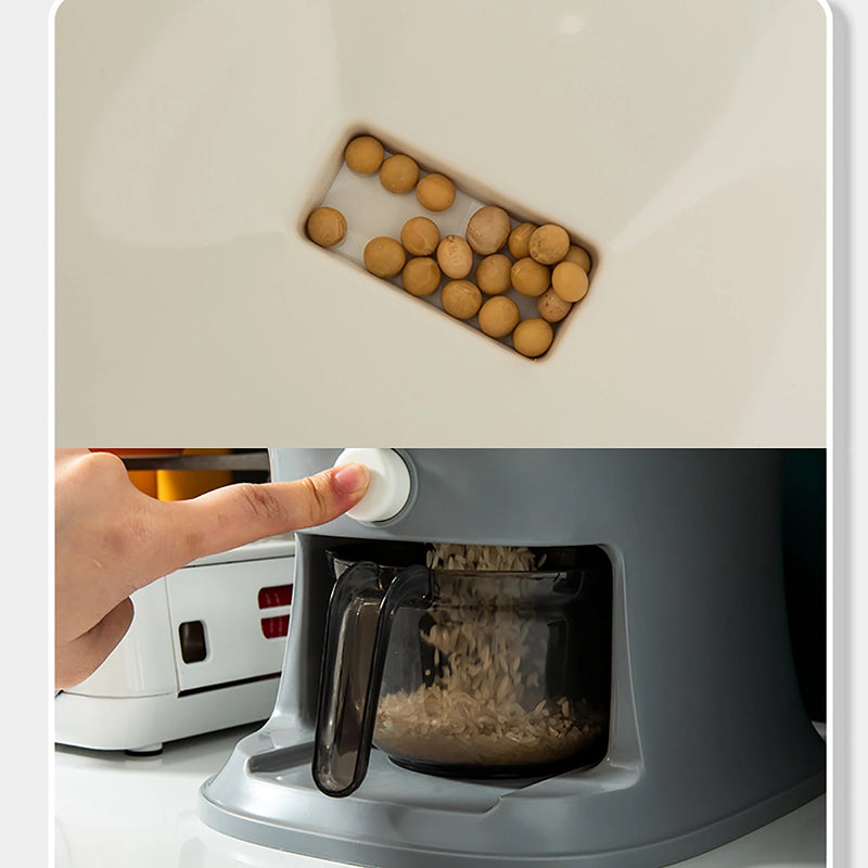 Kotak Penyimpanan Dispenser Bijirin Plastik Automatik 10KG Cawan Pengukur Dapur Tangki Makanan Bekas Beras Penyusun Penyimpanan Bijirin Tin