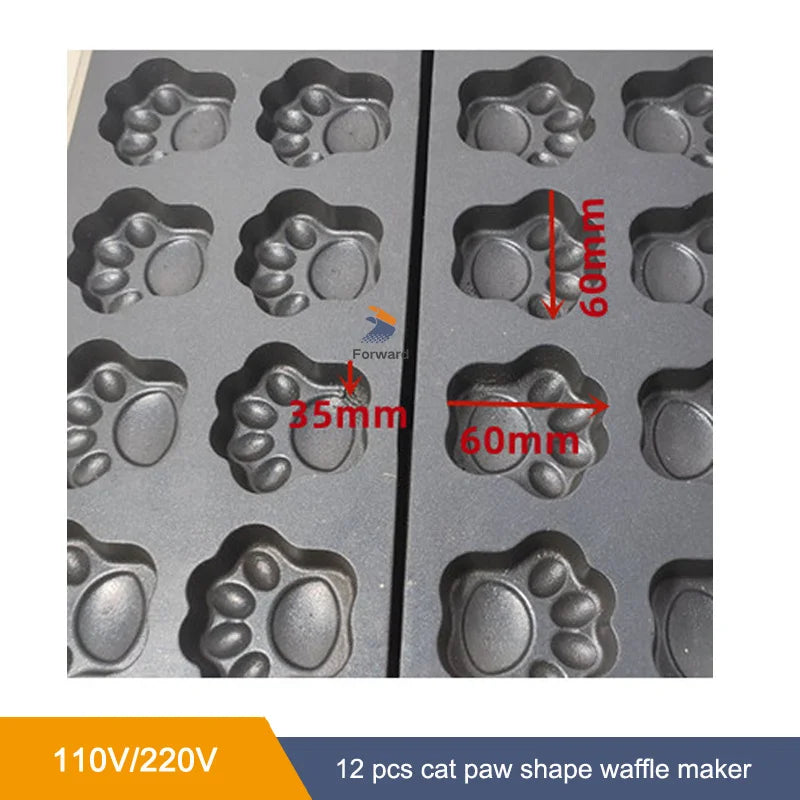 12pcs Two Rows Commercial Lovely Dog Cat Paw Shaped Waffle Maker Electric Cartoon Tiger Paw Egg Puff Waffle Iron Machine