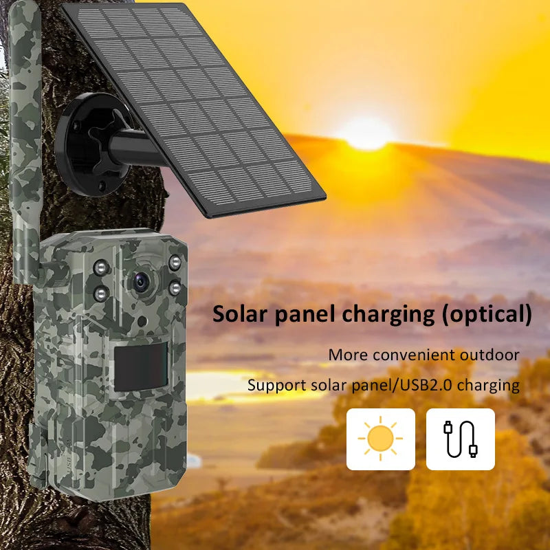 14MP 4G SIM Card Solare Caccia Trail Camera IP66 Impermeabile 20M PIR Rilevamento del movimento Macchina fotografica della fauna selvatica Dispositivo di visione notturna IR