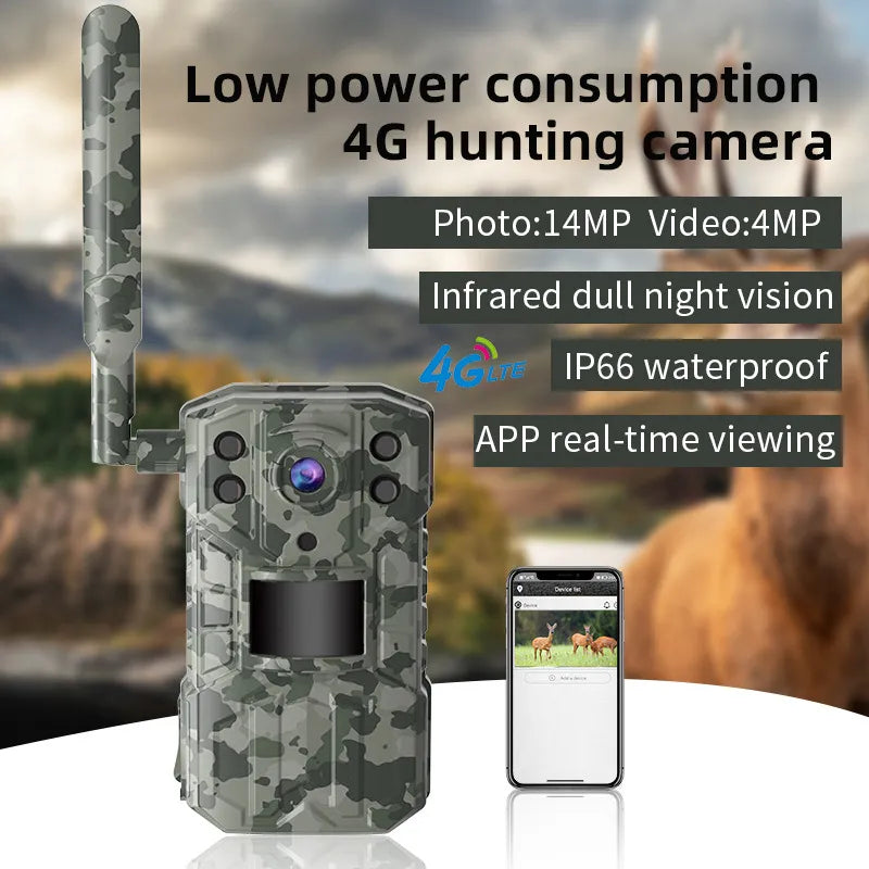 14MP 4G SIM Card Solari Kaċċa Trail Kamera IP66 Waterproof 20M PIR Motion Detection Wildlife Camera IR Night Vision Apparat