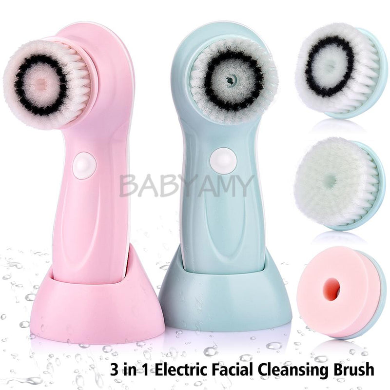 3 cabezales / juego de limpiador facial eléctrico multifunción USB recargable máquina de cepillo de limpieza facial herramientas para el cuidado de la piel facial azul