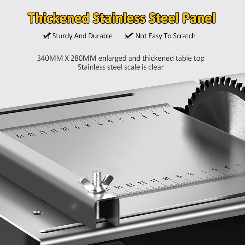 Sega da tavolo per la lavorazione del legno da 2500 W Piano del tavolo in acciaio inossidabile aggiornato con righello angolare e supporto regolabile Angolo di 180 ° regolabile