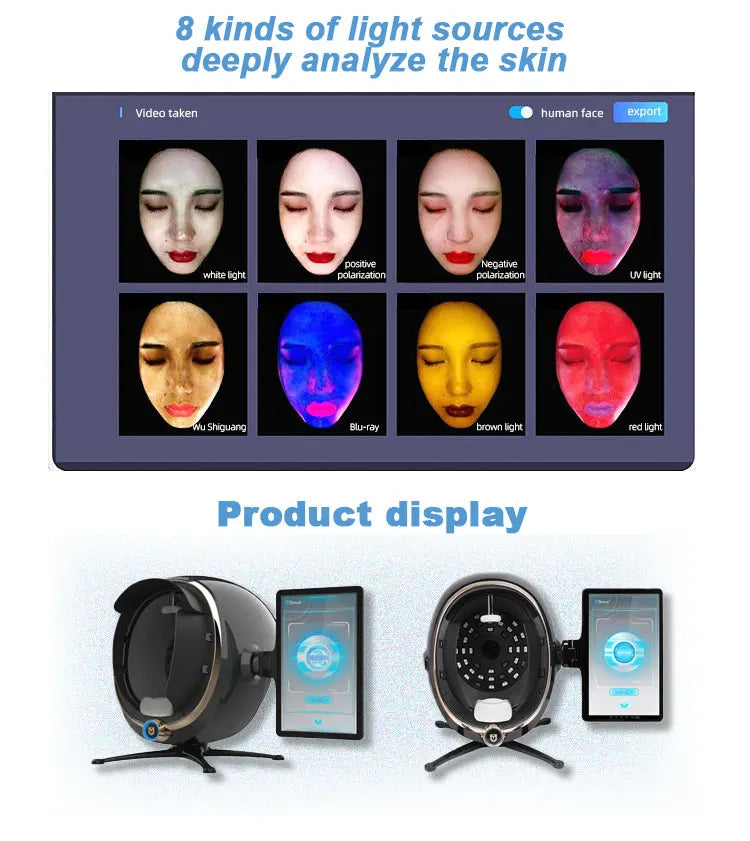 3D Kura tal-ġilda Analizzatur tal-wiċċ Monitor Magni Magic Mirror Ittestjar li jinġarr bl-Ingliż Detector Face Camera Test Analiżi L-aktar ġdid