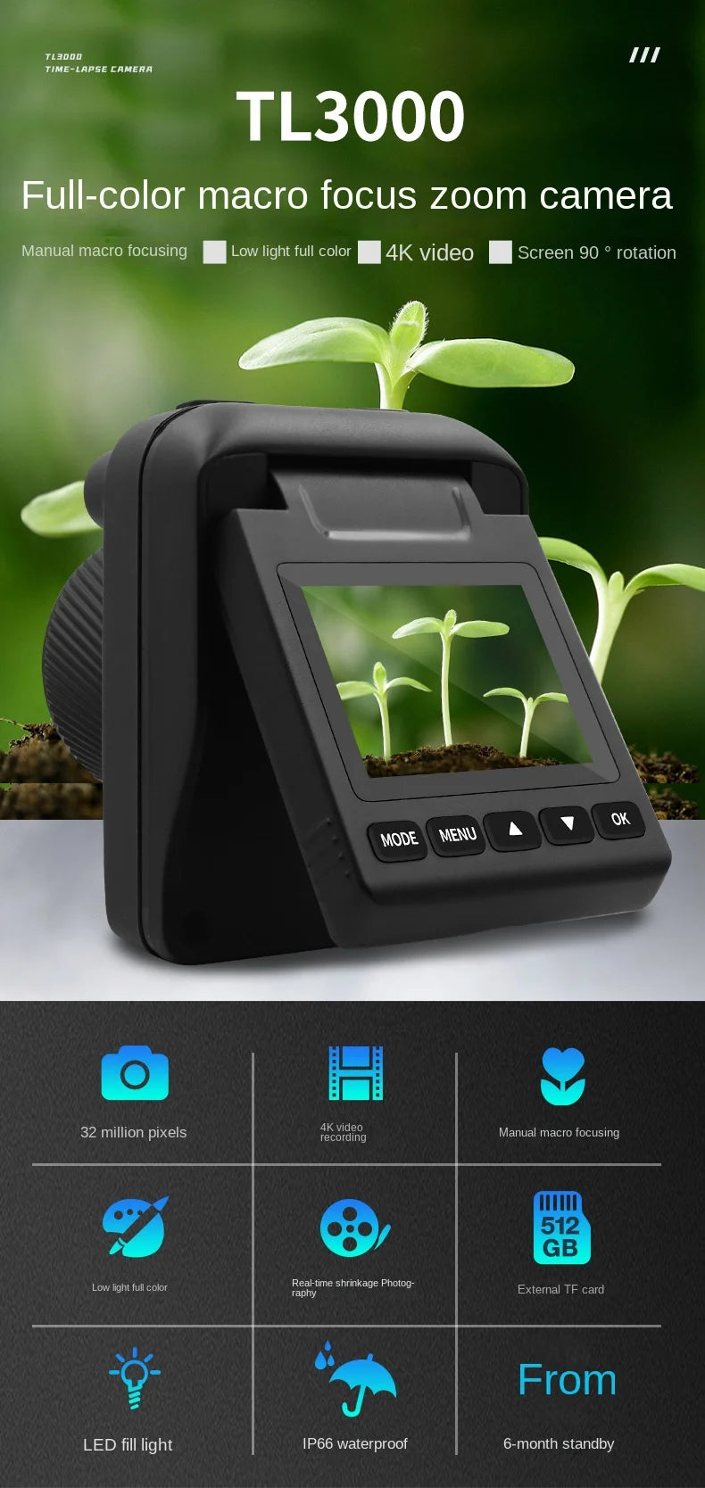 4K Time Lapse Camera IP66 Waterproof Construction Timer Outdoor Courtyard Plant Survey Night Vision Full-color Time-lapse Cam