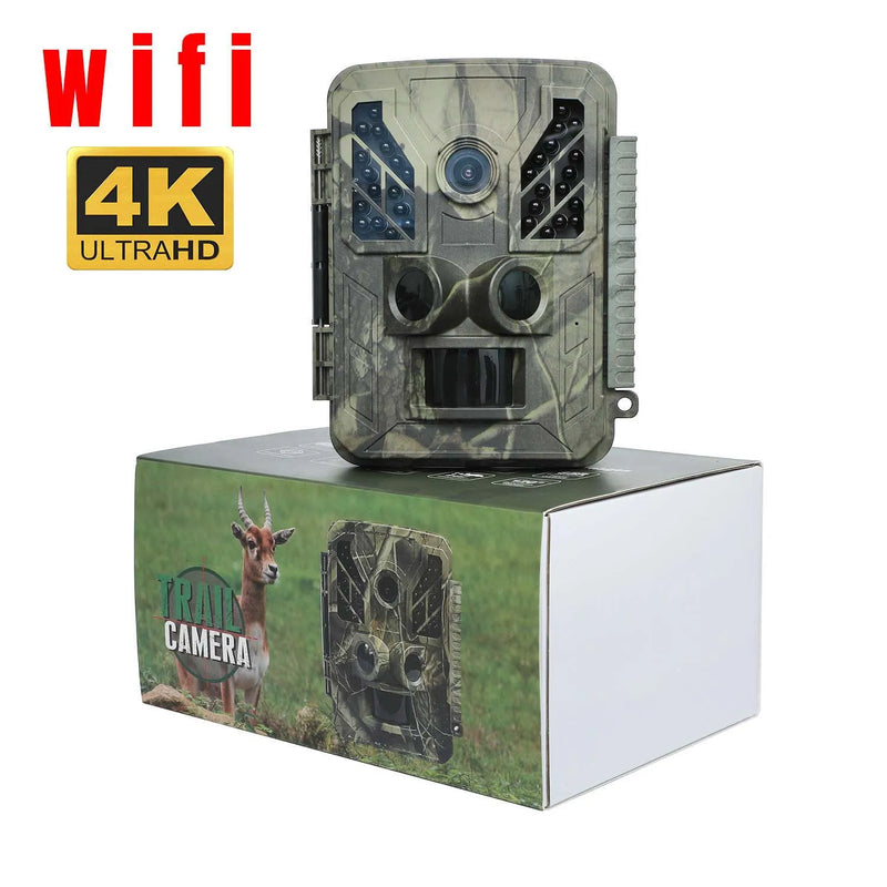 4K Wifi Wildlife Trail Camera Outdoor Mini 32MP Infrared Kaċċa Kamera b'Neses Scouting Ritratt tal-Viżjoni bil-Lejl Mozzjoni Attivata