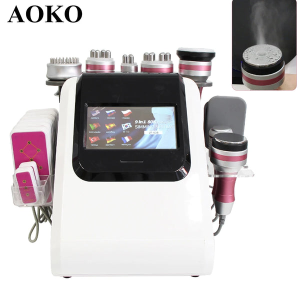 AOKO 9 en 1 nueva cavitación 80K masaje adelgazante al vacío radiofrecuencia explosiva RF máquina de belleza dispositivo de elevación de la piel facial