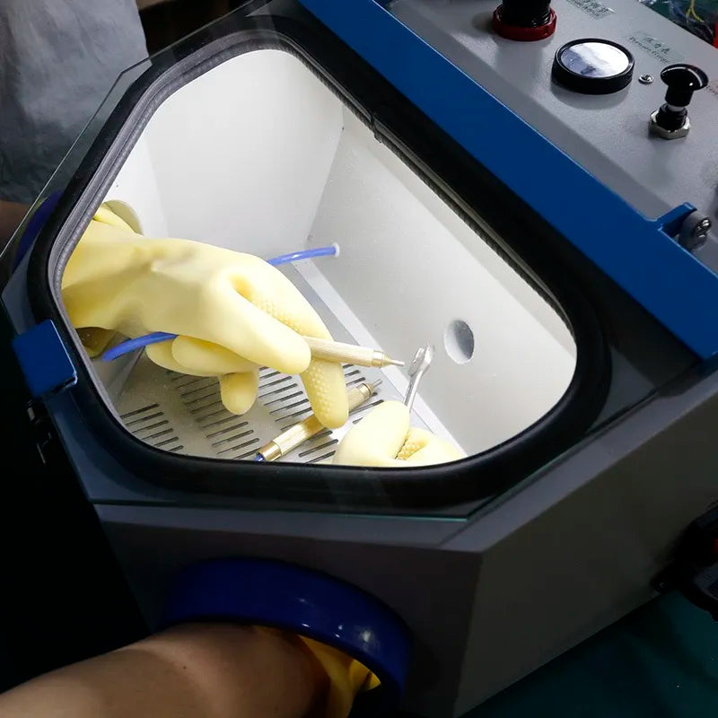 Caja de chorro de arena Dental de doble pluma, máquina de chorro de arena con soporte de ortodoncia para corona interior de porcelana