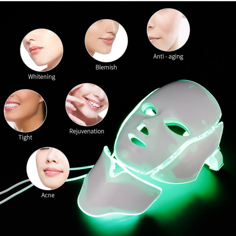 7 кольорів світлодіодна маска для обличчя Світлодіодна корейська фотонна терапія маска для обличчя Машина світлотерапевтична маска від акне Маска для краси шиї світлодіодна маска