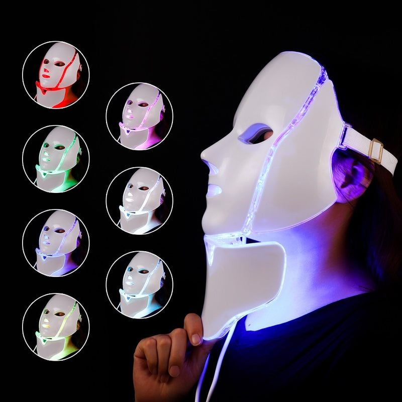 7 кольорів світлодіодна маска для обличчя Світлодіодна корейська фотонна терапія маска для обличчя Машина світлотерапевтична маска від акне Маска для краси шиї світлодіодна маска