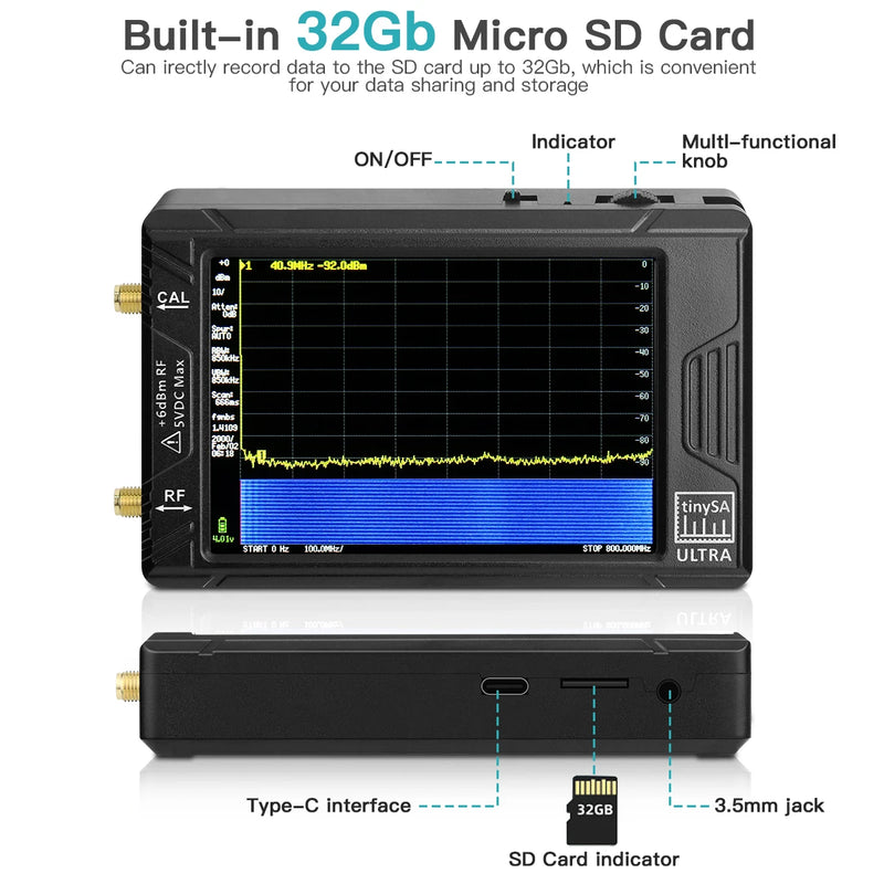 Handheld Display TinySA ULTRA 4 "100k-5.3GHz RF Signaalgenerator Spectrumanalyzer voor SDR Radio Kortegolfantenne