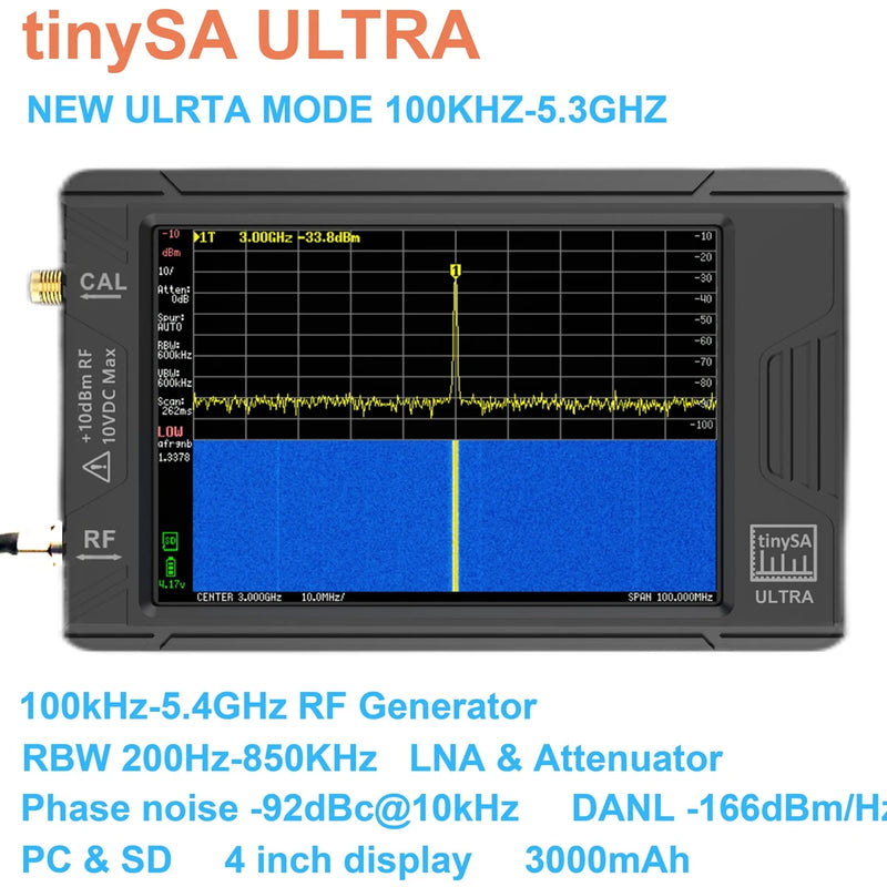 Paparan Pegang Tangan TinySA ULTRA 4" 100k-5.3GHz Penganalisis Spektrum Penjana Isyarat RF untuk Antena Gelombang Pendek Radio SDR
