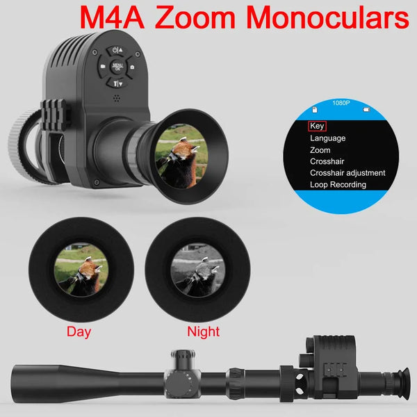 M4A Nachtsicht-Teleskop, 1080p HD-Jagdkamera, 4-fach-Zoom, Monokular, Camcorder, Hinteres Zielfernrohr, Zusatzaufsatz mit integriertem 850 nm