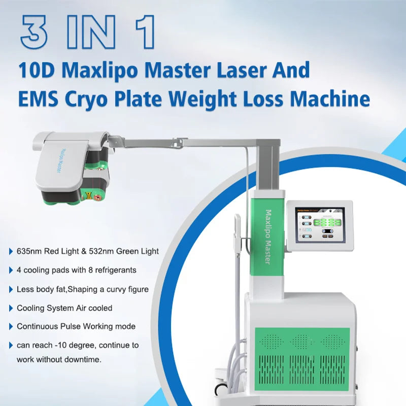 Medbeier 10D EMS Kaltlaser-Lipolyse Maxlipo Master 635 nm 532 nm rotes grünes Licht 2 in 1 Kryo-Pads Lipo-Laser-Schlankheitsmaschine