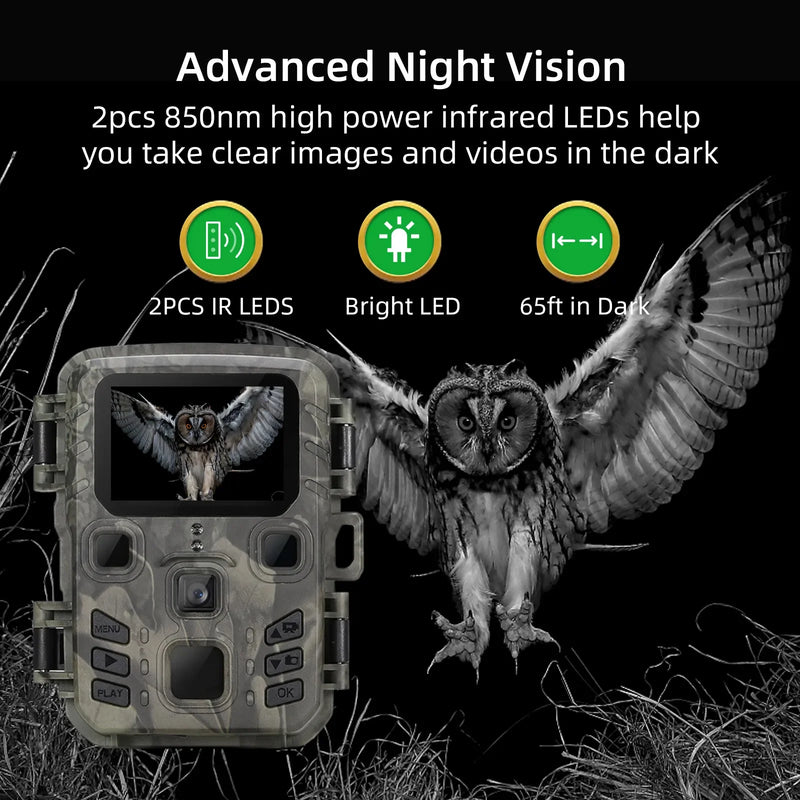 Mini301 câmera de trilha visão noturna caça movimento 1080p 20mp ip65 à prova dip65 água ao ar livre câmera selvagem com ir led alcance até 65 pés