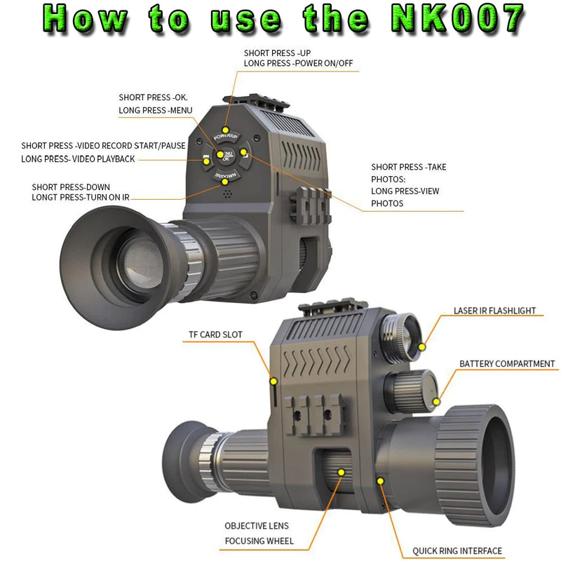 NK007 나이트 비전 단안 1080P 200-400M 적외선 스코프 캠코더 (충전식 배터리 충전기 포함) 다중 언어