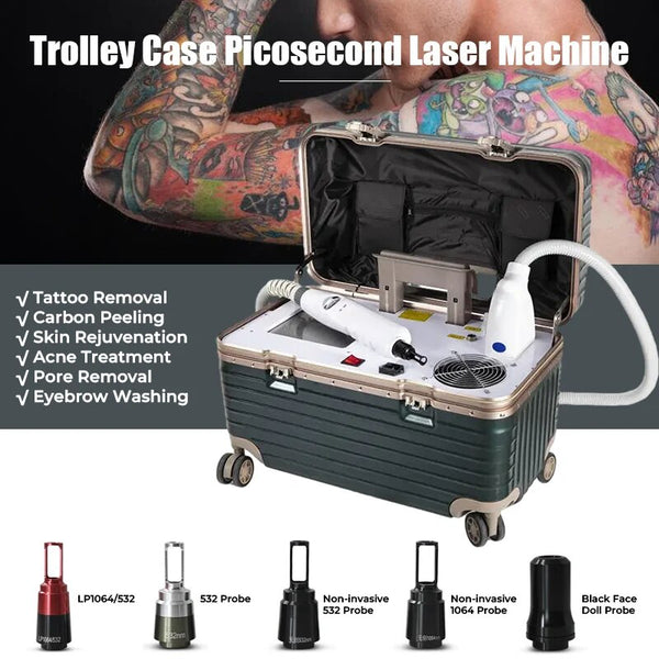 Nd Yag лазерная машина для удаления татуировок, мытье бровей, омоложение кожи, чехол на тележке, портативное оборудование для салонов красоты и домашнего использования