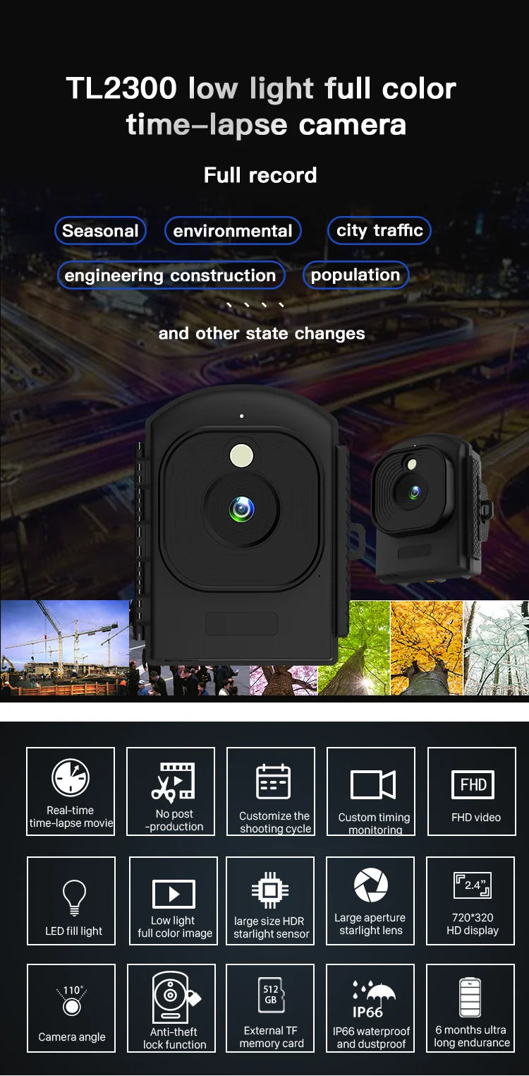 Videocamera Time Lapse esterna 1080P Videoregistratore HD Luce scarsa Timelapse digitale IP66 Impermeabile TL2300 Timer Caccia Trail Cam