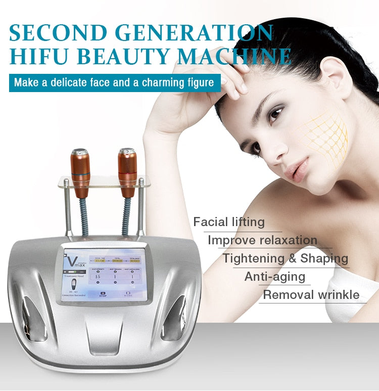 Bärbar V Max Hifu ansiktslyftande maskin Ansiktslyftande anti-rynk med 2 handtag Vmax Hifu maskin